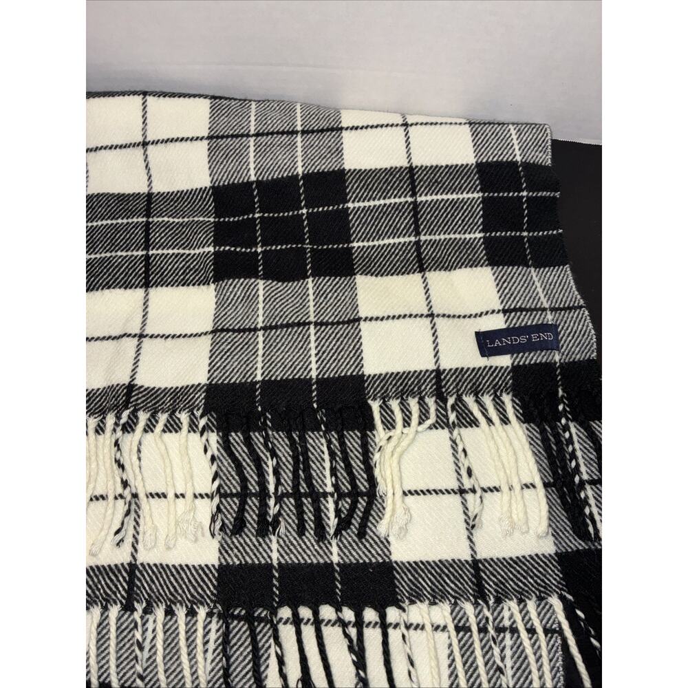 Lands' End Black/ White Checkered Fringe Scarf Plaid Soft